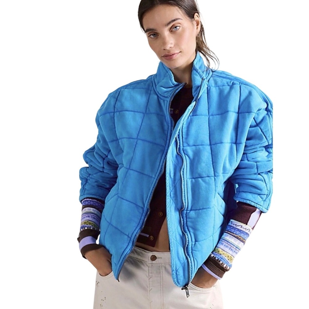 Free People Quilted Dolman Jacket Mermaid Scale Blue Malibu Blue Size M NWT Rare